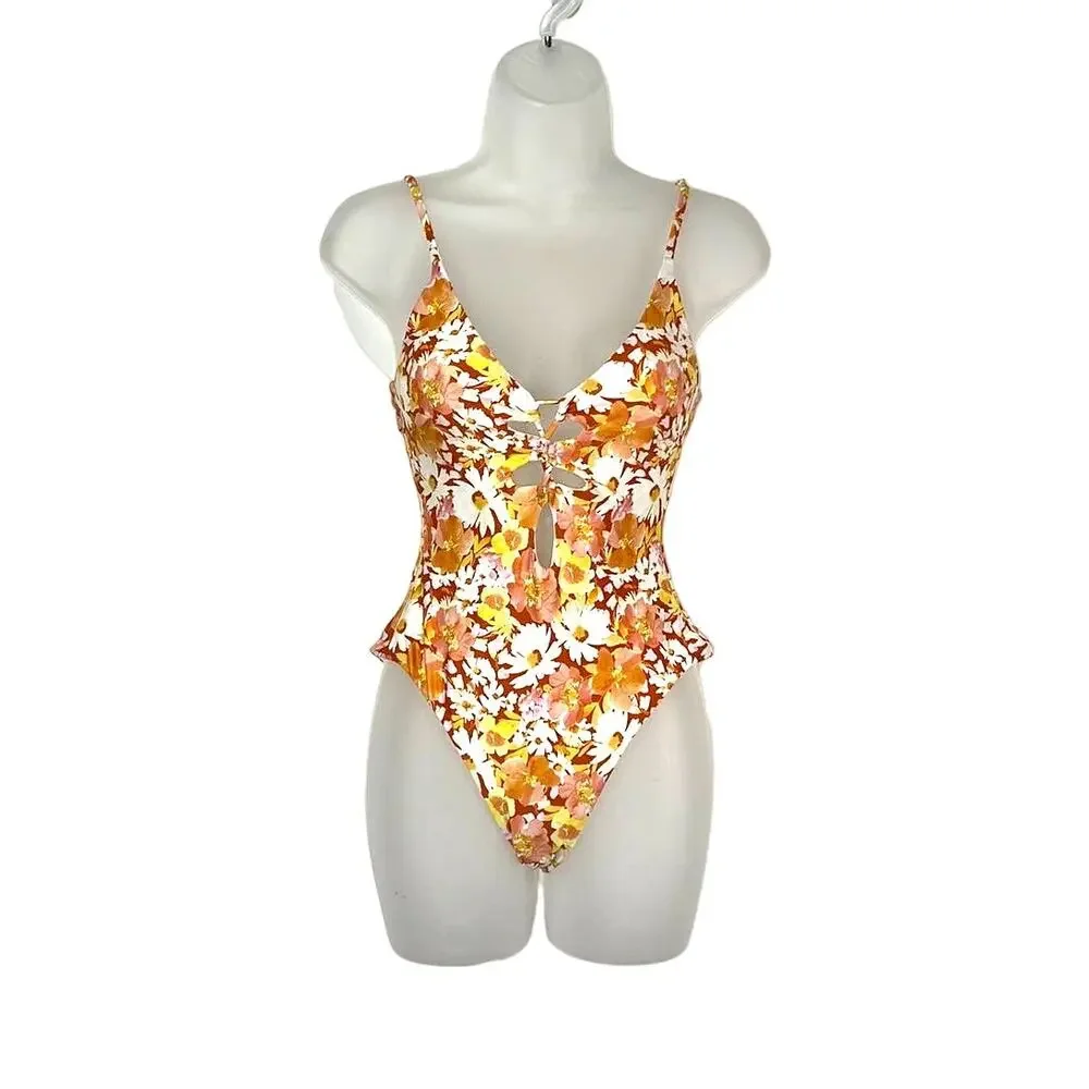 L SPACE Topanga Classic Floral One-Piece Swimsuit Brown Yellow
